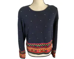 Liz Claiborne Lizsport Sweater Womens S Retro Boho Southwest Gold Accent